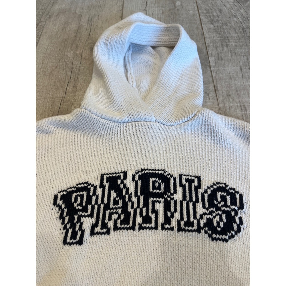 Forever 21 Paris Knit Hoodie White Black‎ Graphic Cropped Sweater Mens Medium